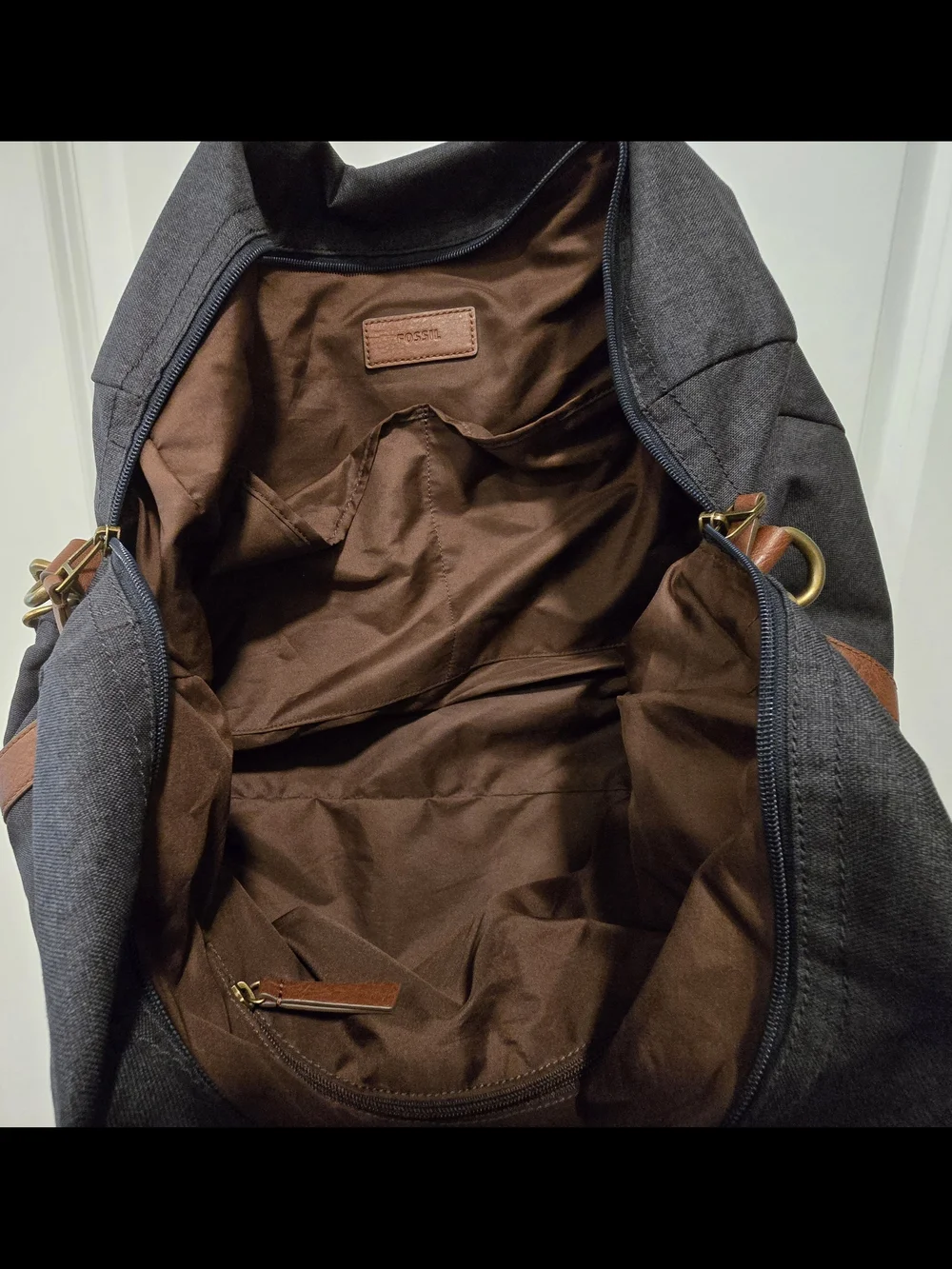 Fossil Men’s Denim Canvas & Brown Leather Duffle Bag